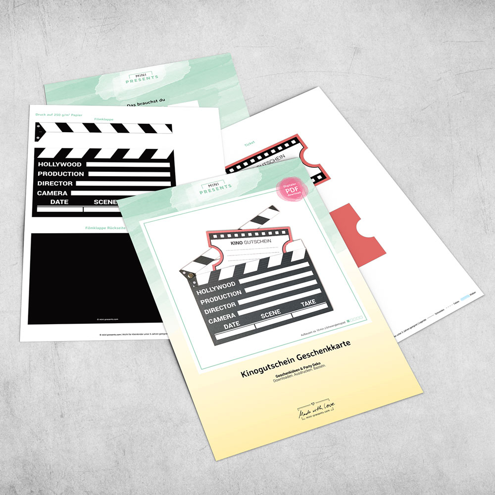 Mini Presents Kinogutschein Als Filmklappe Zum Ausdrucken Basteln Schenke Gluckliche Momente Originelle Diy Papiergeschenke Zum Ausdrucken Fur Gemeinsame Zeit